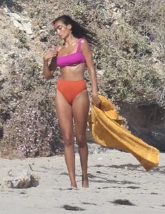 Kelly Gale in bikini at a photoshoot on the beach in Malibu