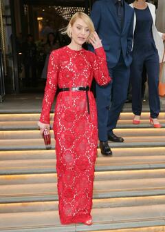 Claire Danes in red dress leaves her hotel in London