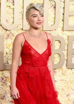 Florence Pugh see through to niplles in red dress at 81st Annual Golden Globe Awards in Beverly Hills
