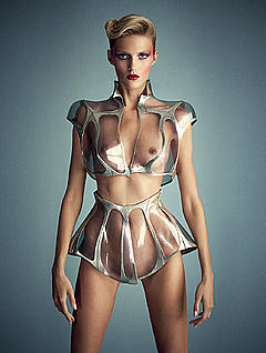 Anja Rubik nude in transparent skirt and top