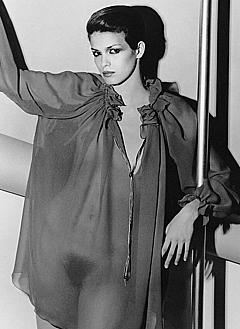 Gia Carangi nude tits and hairy bush under see through cloth