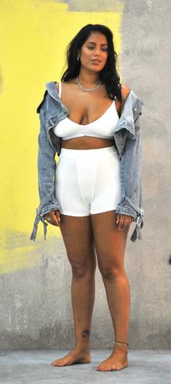 Malin Andersson in white bikini bra on a photoshoot in London