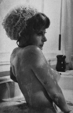 Magali Noel nude in the bathtub black-&-white image