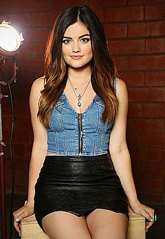 Lucy Hale in short black skirt and jeans top