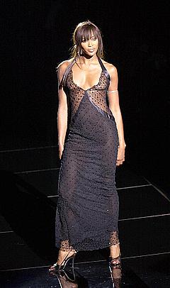 Naomi Campbell in see though dress runway image