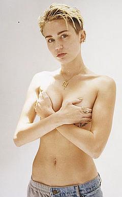 Singer Miley Cyrus topless in jeans cover her nude tits