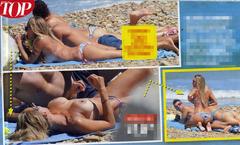 Karina Cascella sunbathing topless on a beach paparazzi collage
