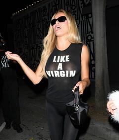 Brooks Nader in sheer Like A Virgin top at Craig's in West Hollywood