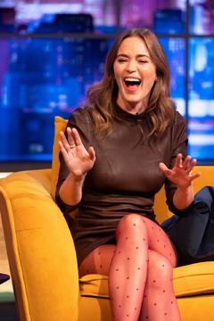 Emily Blunt sexy in leather mini dress at The Jonathan Ross Show in London